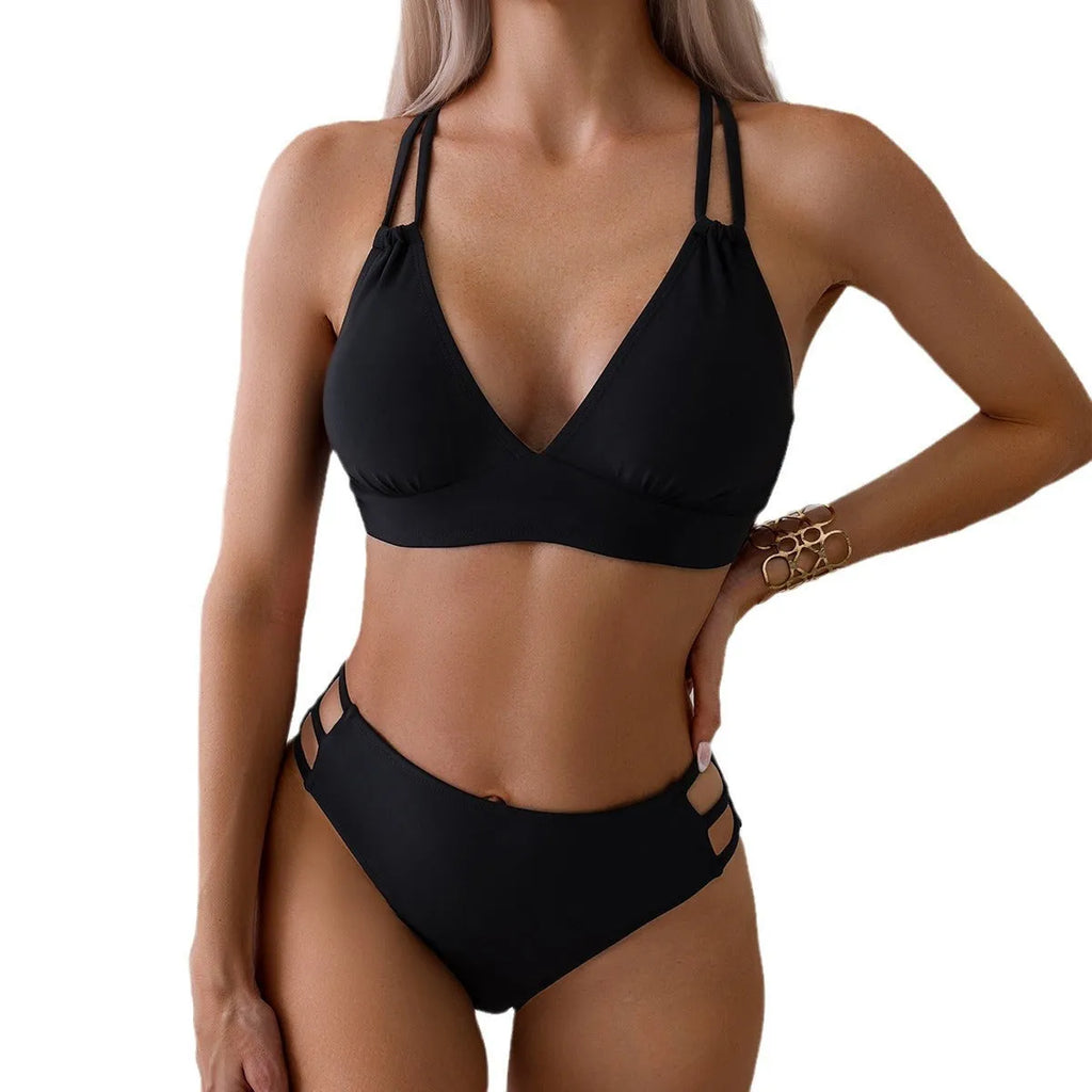 Women's halter V-neck bikini top with split shorts in nylon fabric