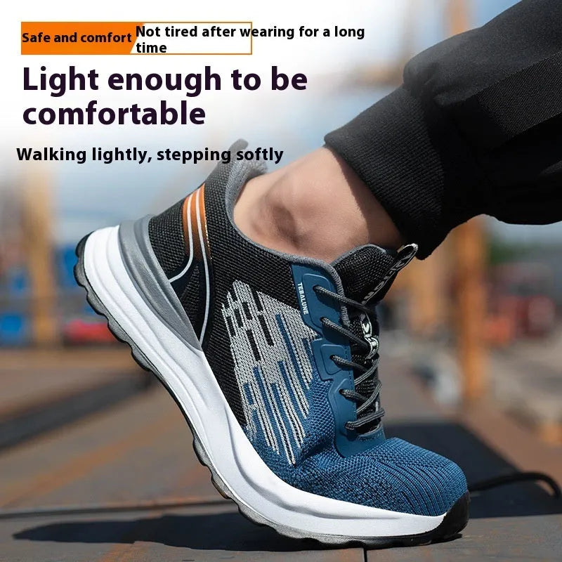 Blue men's safety work shoes with mesh upper, plastic toe cap, and lace-up front.