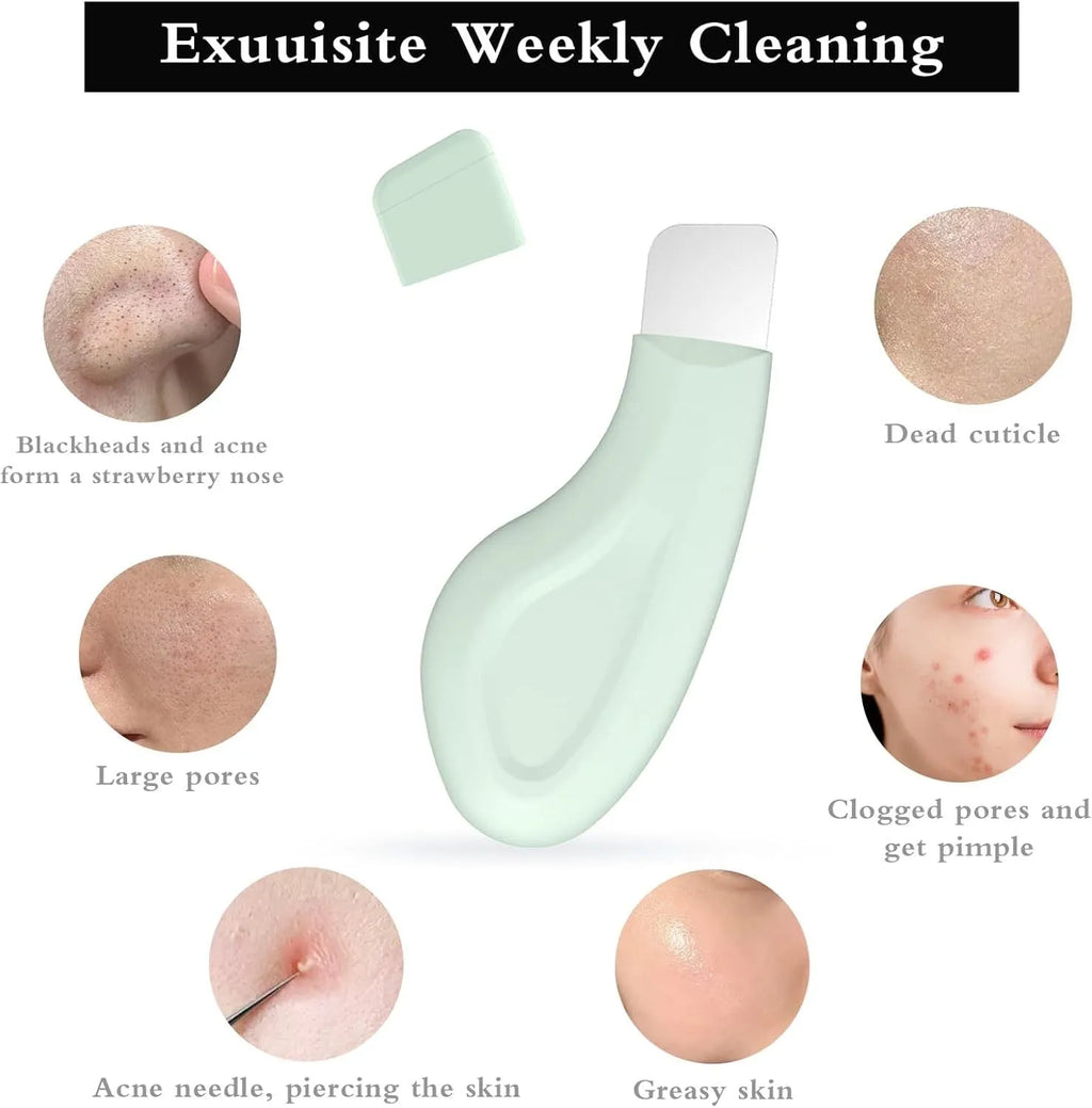 Green stainless steel blackhead scraper tool with a non-slip handle for facial pore cleaning.