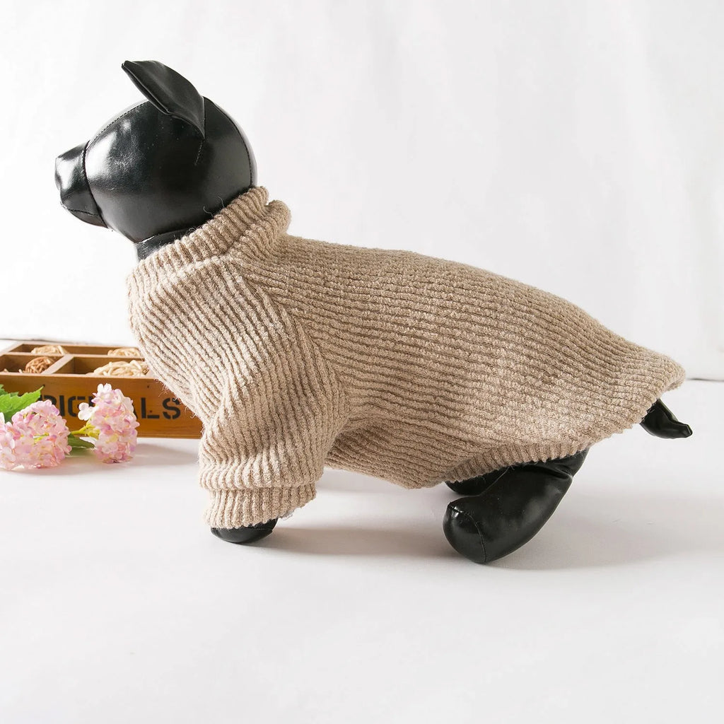 Brown cloth pullover sweater on a small dog, showing casual style.