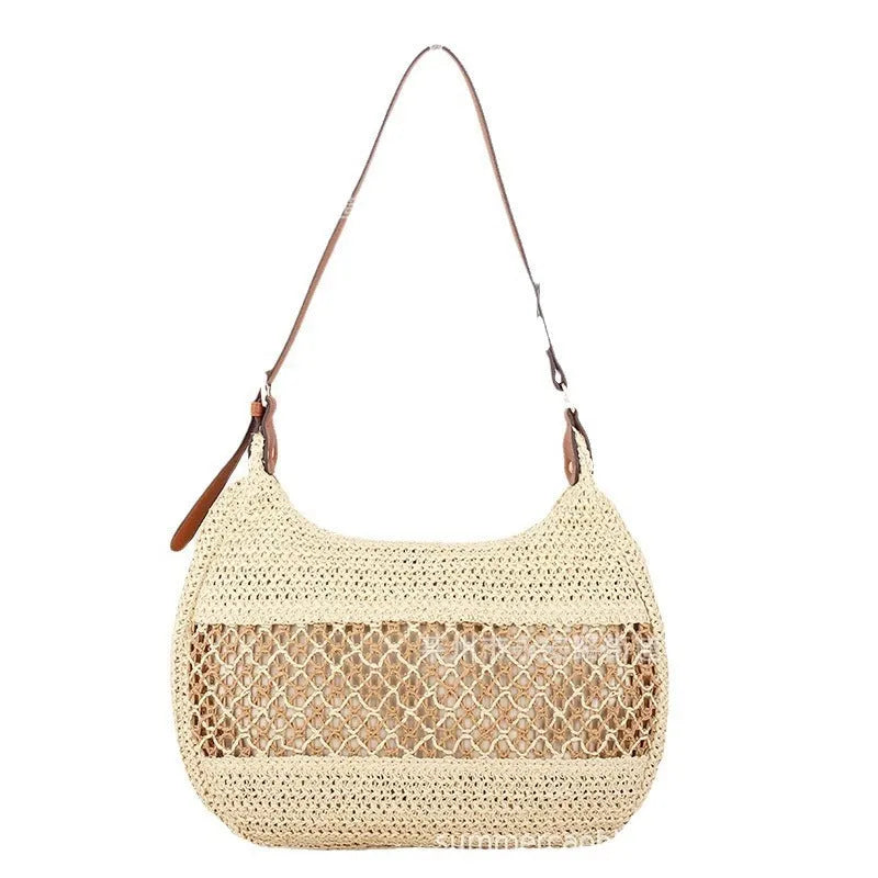 Women's khaki straw cross body bag with horizontal square shape and sandwich pocket.