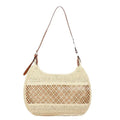 Women's khaki straw cross body bag with horizontal square shape and sandwich pocket.