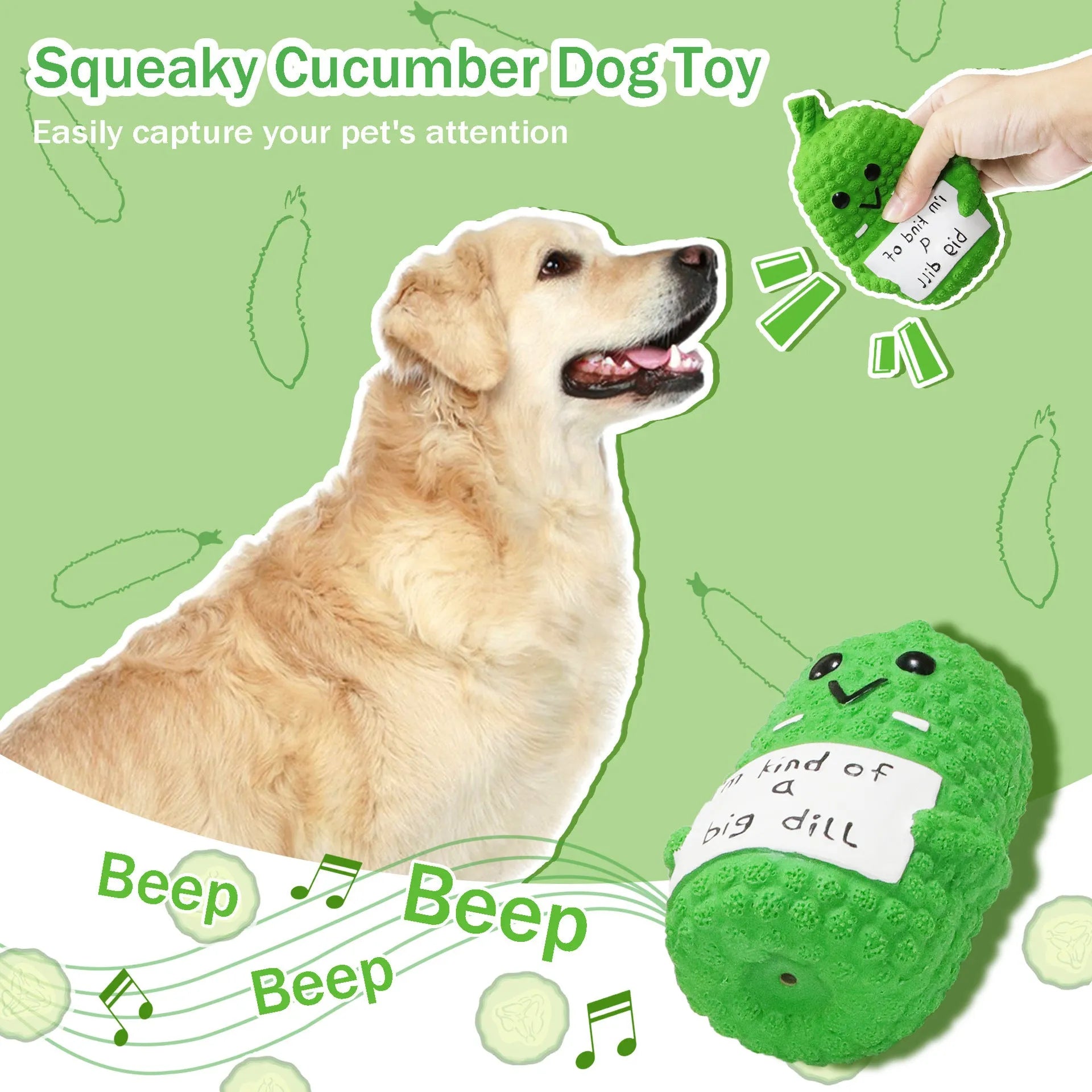 Green latex pickle dog chew toy with凸 nubs and squeaker inside.