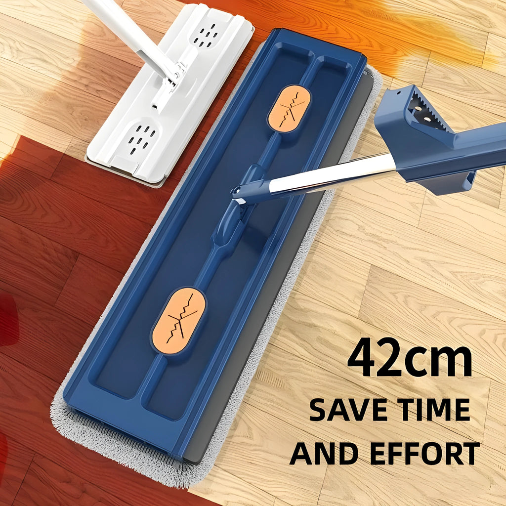 New style large flat mop with long stainless steel handle and blue cleaning cloth on a hard floor