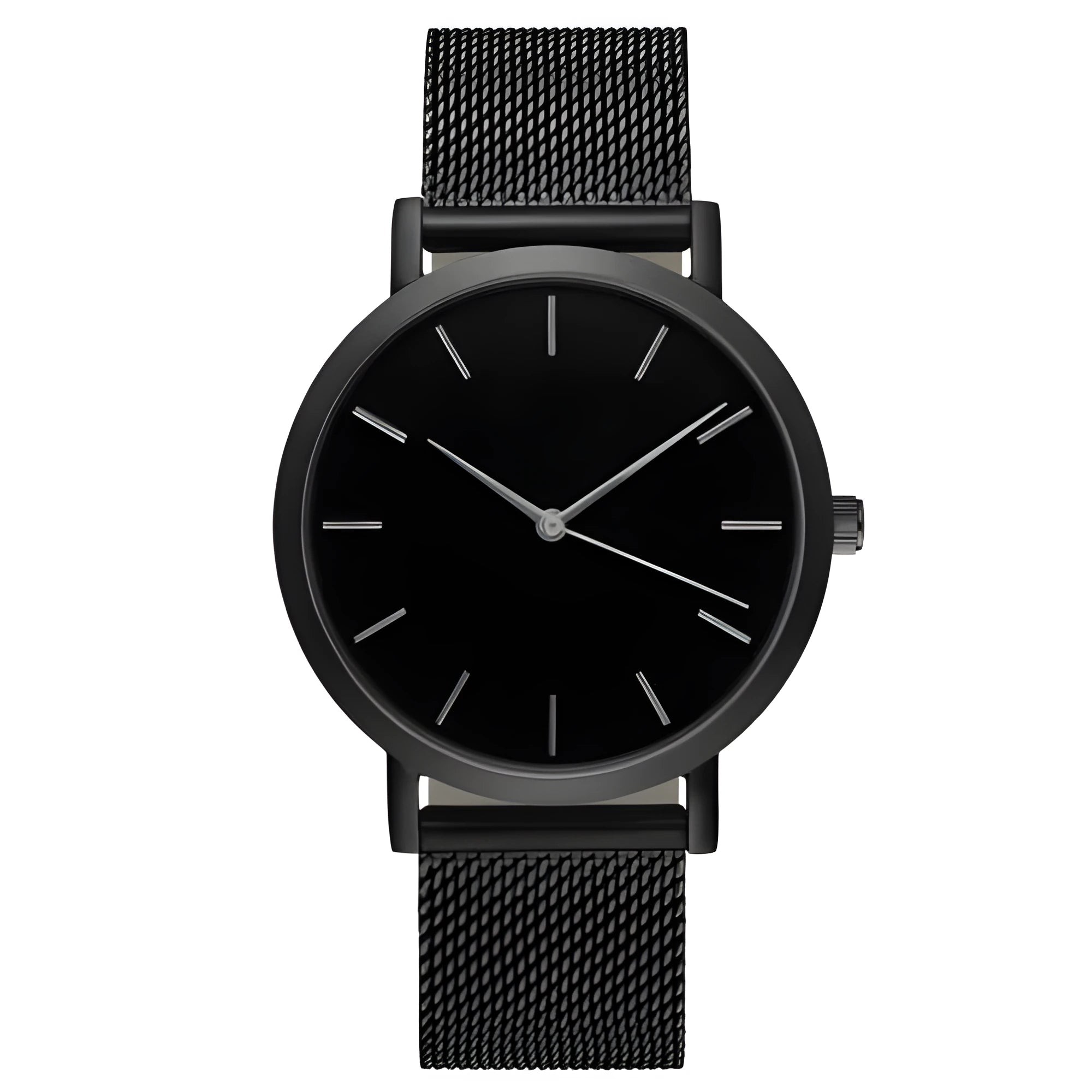 Round alloy mesh strap watch with 50mm dial, quartz movement, and single folding buckle
