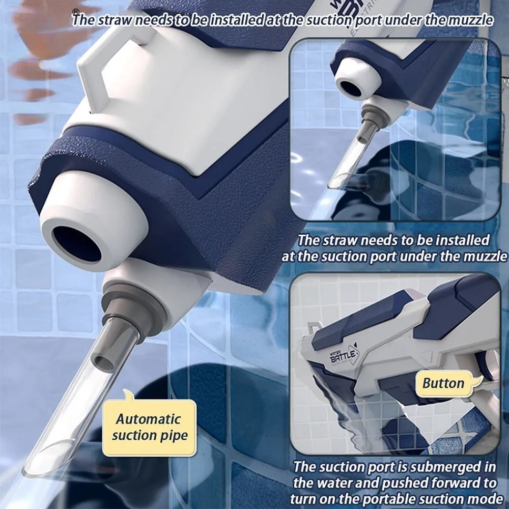 Blue electric water gun with USB charging port and trigger, showing water capacity measurement
