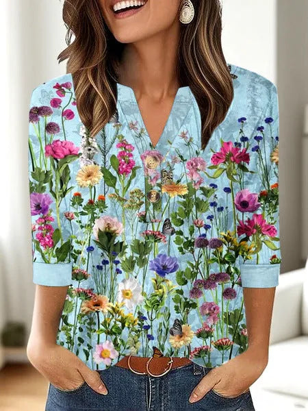 Women's loose fit V-neck top with 3D pattern in casual Japanese Korean style
