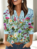 Women's loose fit V-neck top with 3D pattern in casual Japanese Korean style