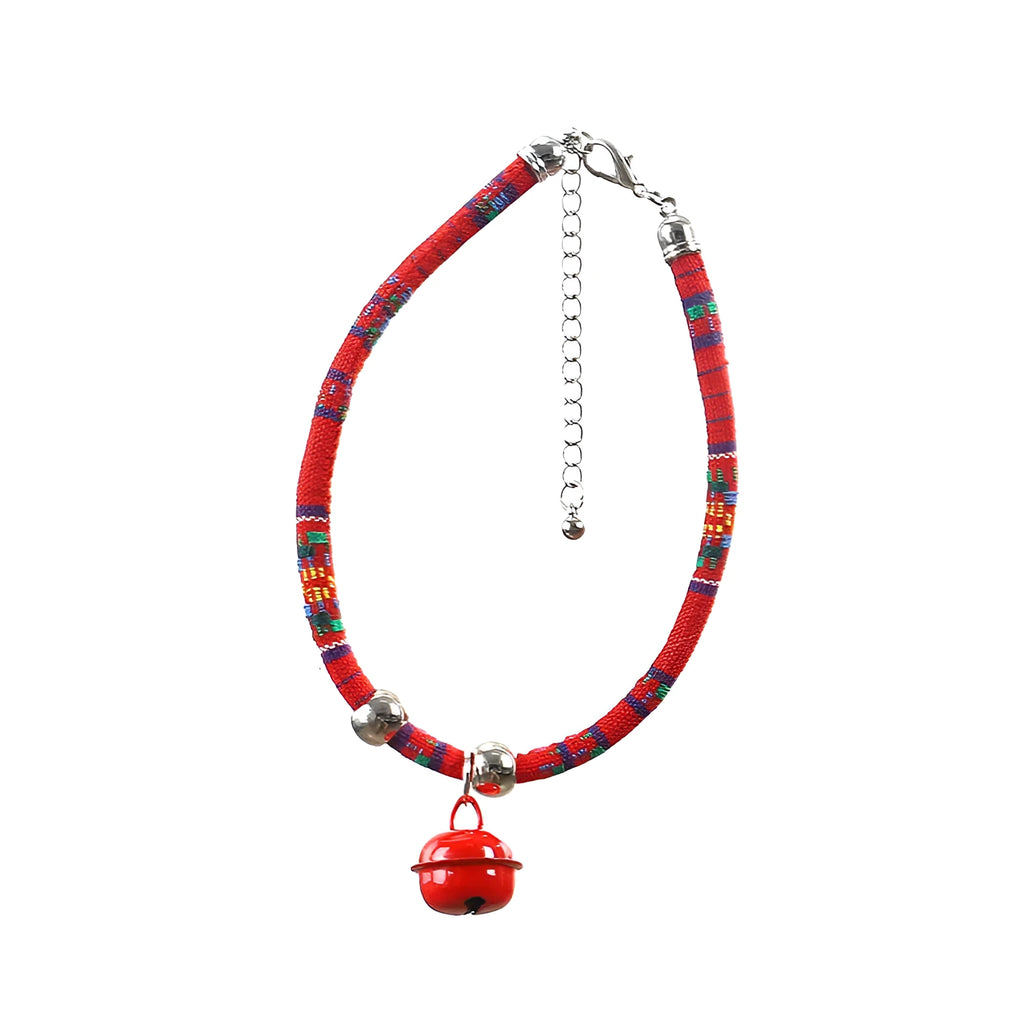 Coloured ethnic-style adjustable pet collar for dogs and cats with a small bell, shown in multiple colour options.