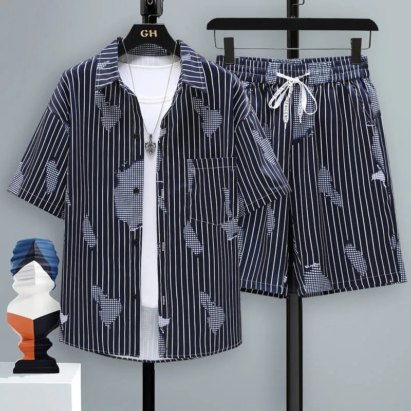Men's casual polyester shorts two-piece set in a solid colour, showing short sleeve top and matching shorts.