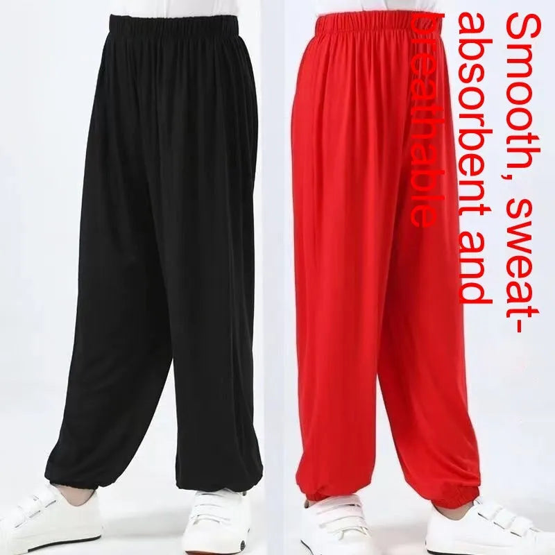 Children's black high-elasticity Sanda practice pants made from lycra and spandex fabric.