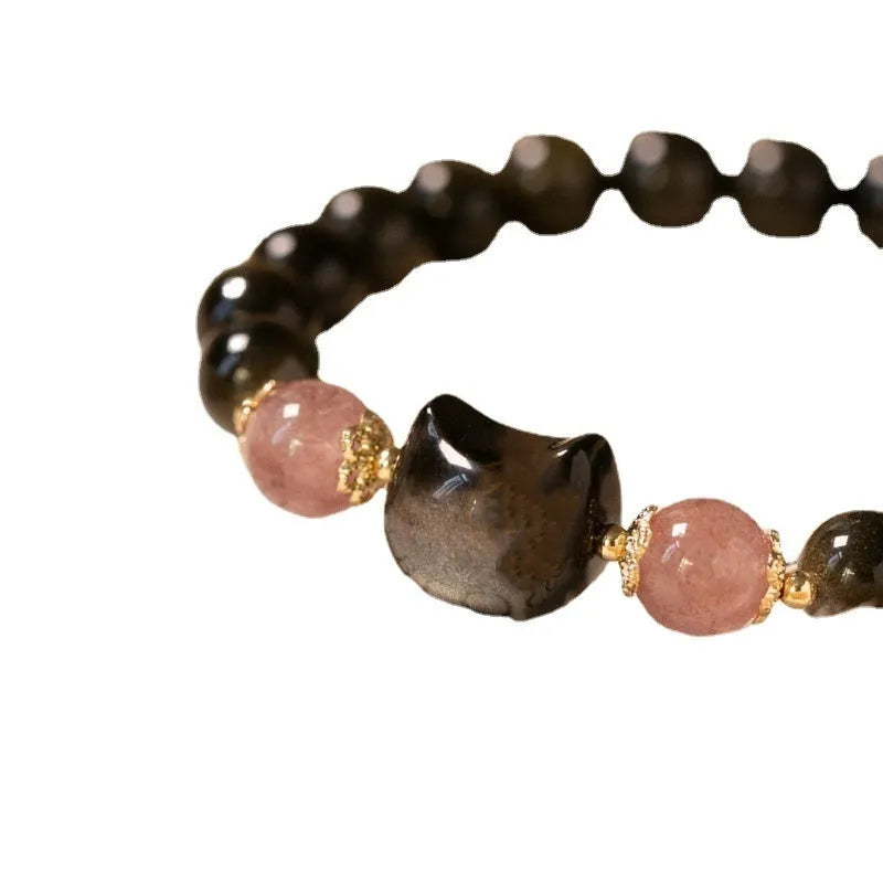 Natural obsidian bracelet with 8mm black beads and kitty charm on adjustable string