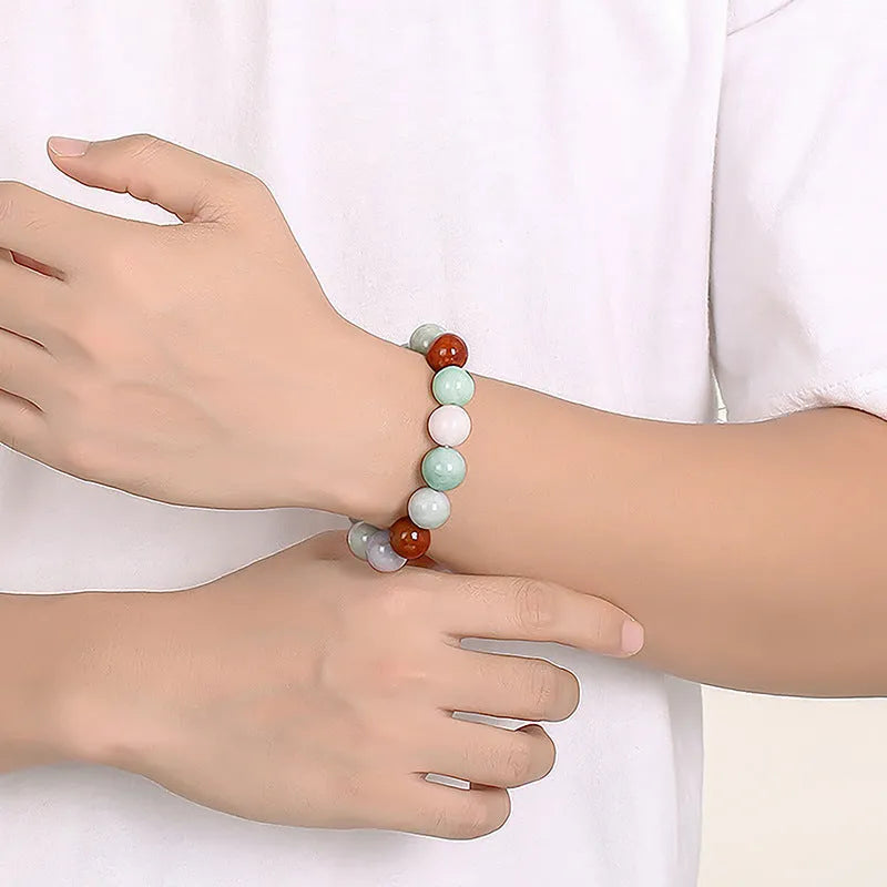 Women's Myanmar jade bracelet with three natural colours in 13mm round beads