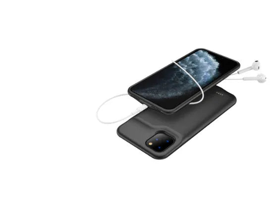 Shockproof silicone battery charger case for iPhone in blue, shown next to an iPhone.