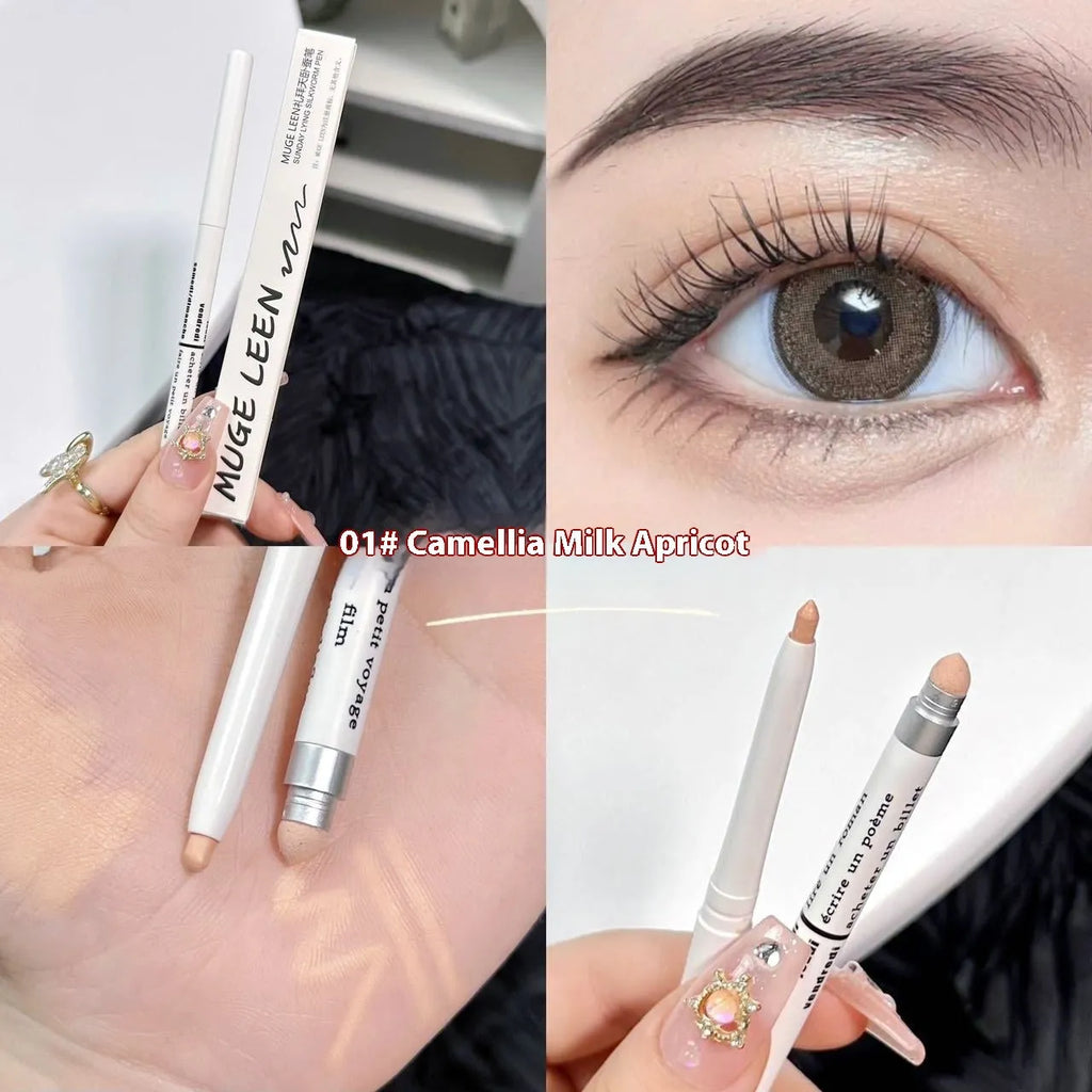 Waterproof 2-in-1 eyeshadow pen with six colour options showing camellia milk apricot and ice diamond debris shades