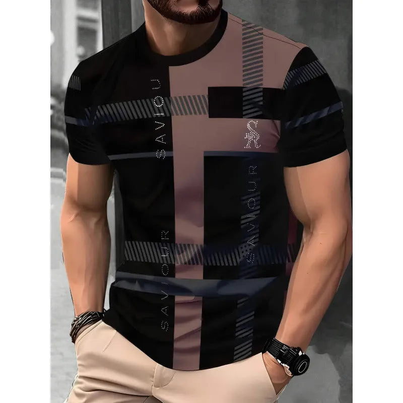 Men's short-sleeved T-shirt with digital 3D printing stripes pattern in loose fit for summer wear