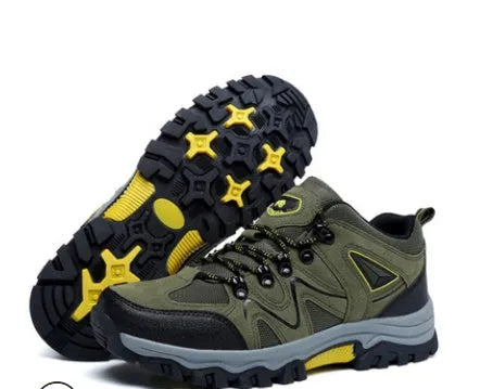 Men's suede low top hiking shoes in army green with rubber sole for anti-slip outdoor use