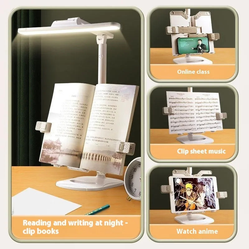 Adjustable multifunctional table lamp with a reading light on a bookshelf, showing dual power and colour temperature controls.
