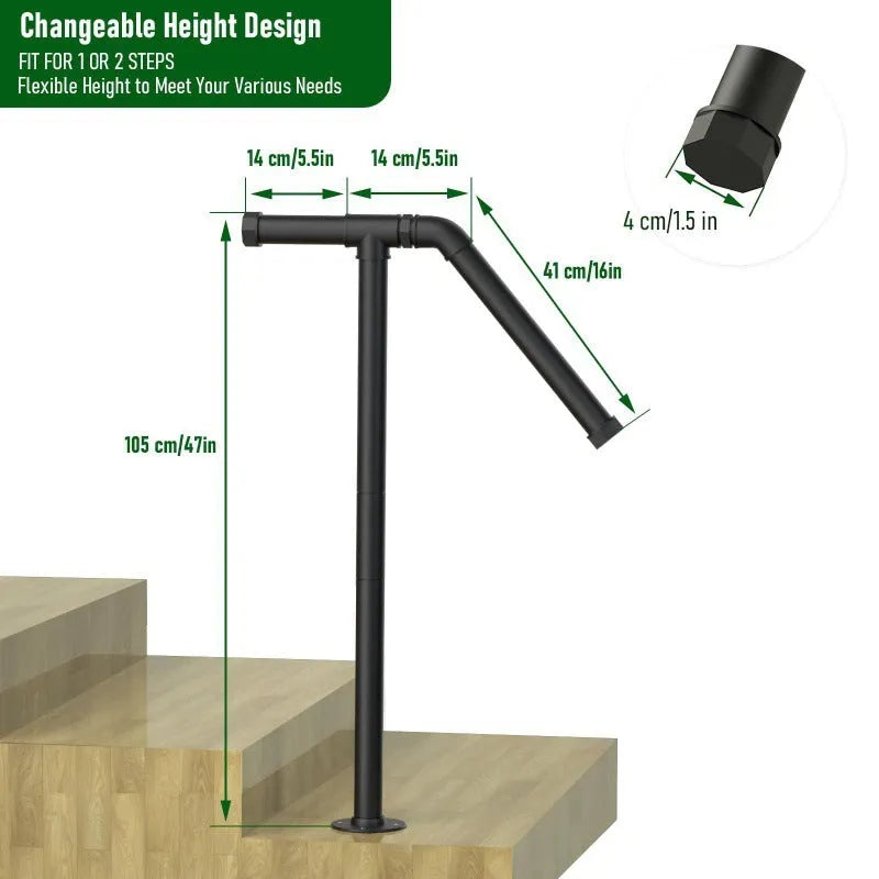 Black metal ladder support bracket for stairs in a minimalist American design.