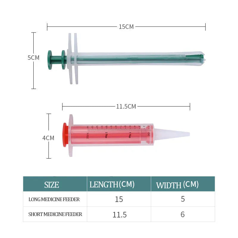 Two silicone pet pill shooters with soft tips, one larger and one smaller, for administering tablets to cats and dogs.