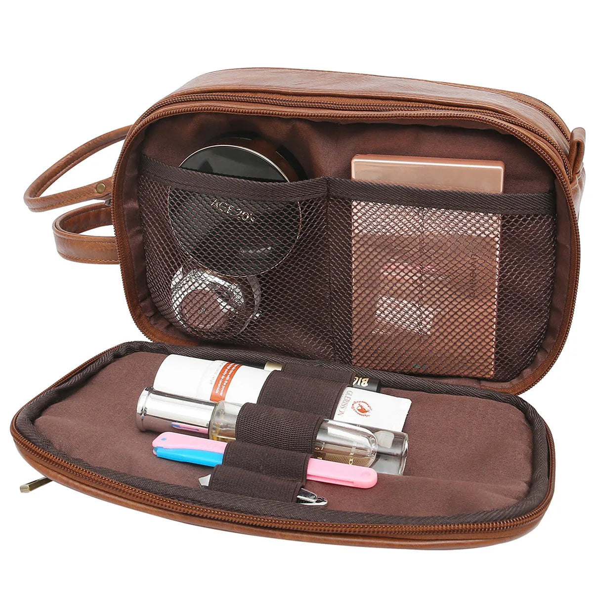 Men's black PU leather toiletry bag with zip closure for travel grooming storage