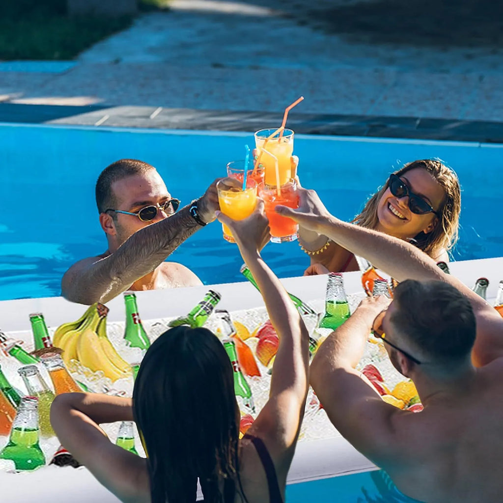 Inflatable PVC ice bar set for parties with yellow beer bucket and silver grey cup holders.