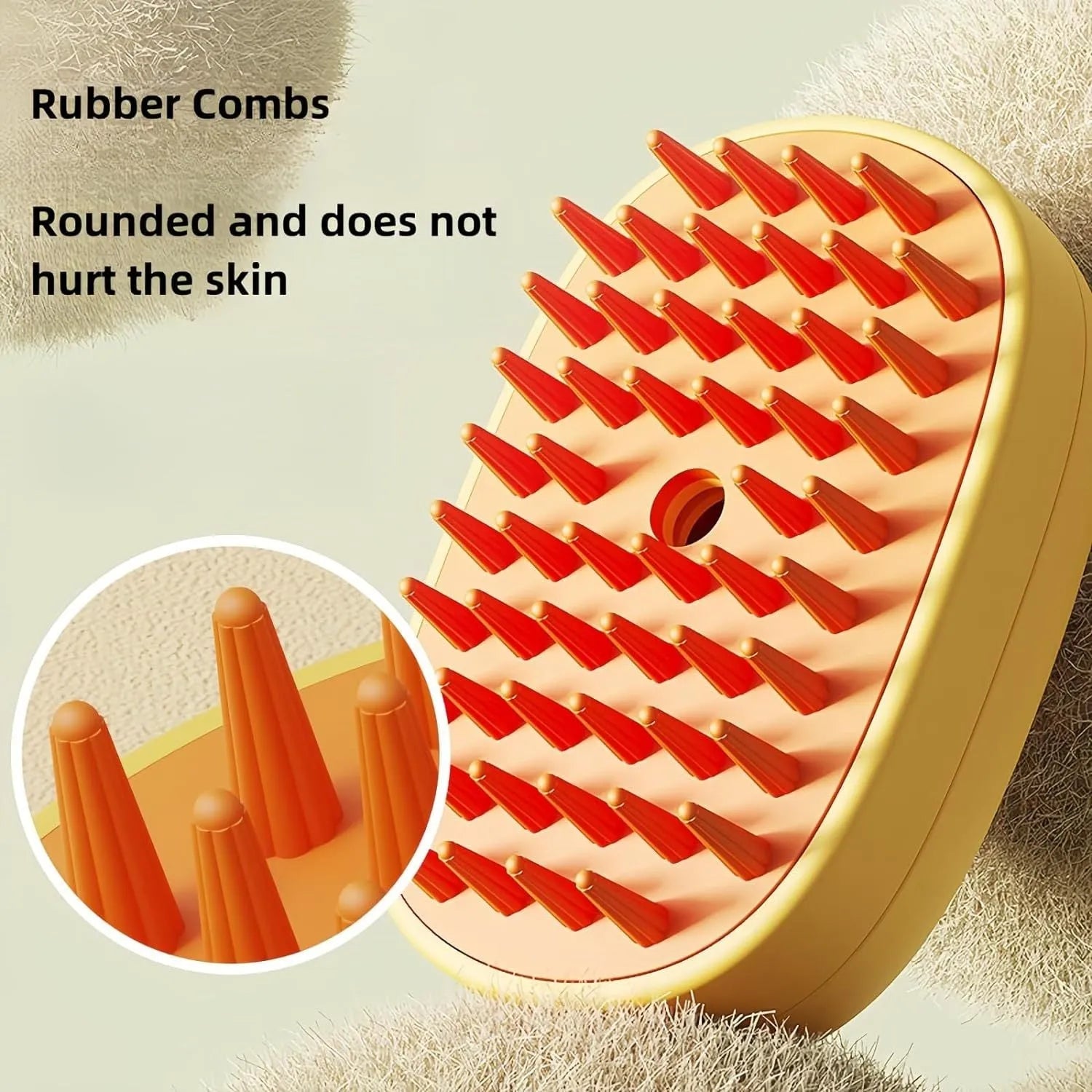 White and yellow rechargeable pet steam brush with rubber comb teeth and water tank.