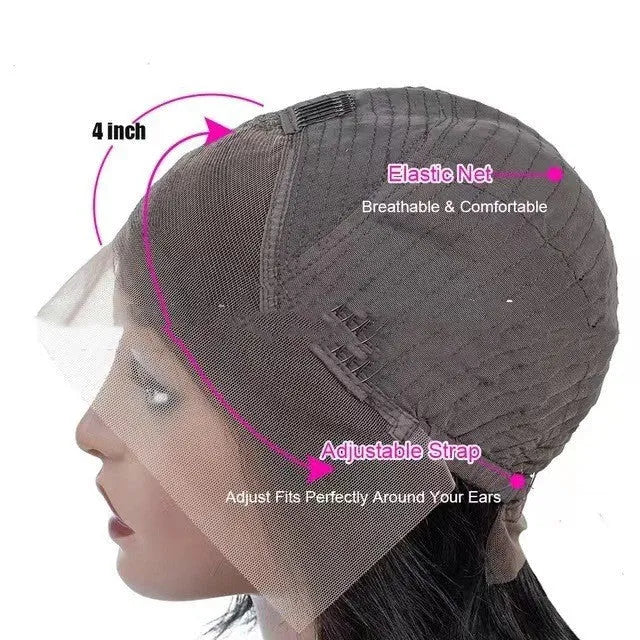 Real human hair lace headgear wig for women with 4x4 lace frontal on a display stand.