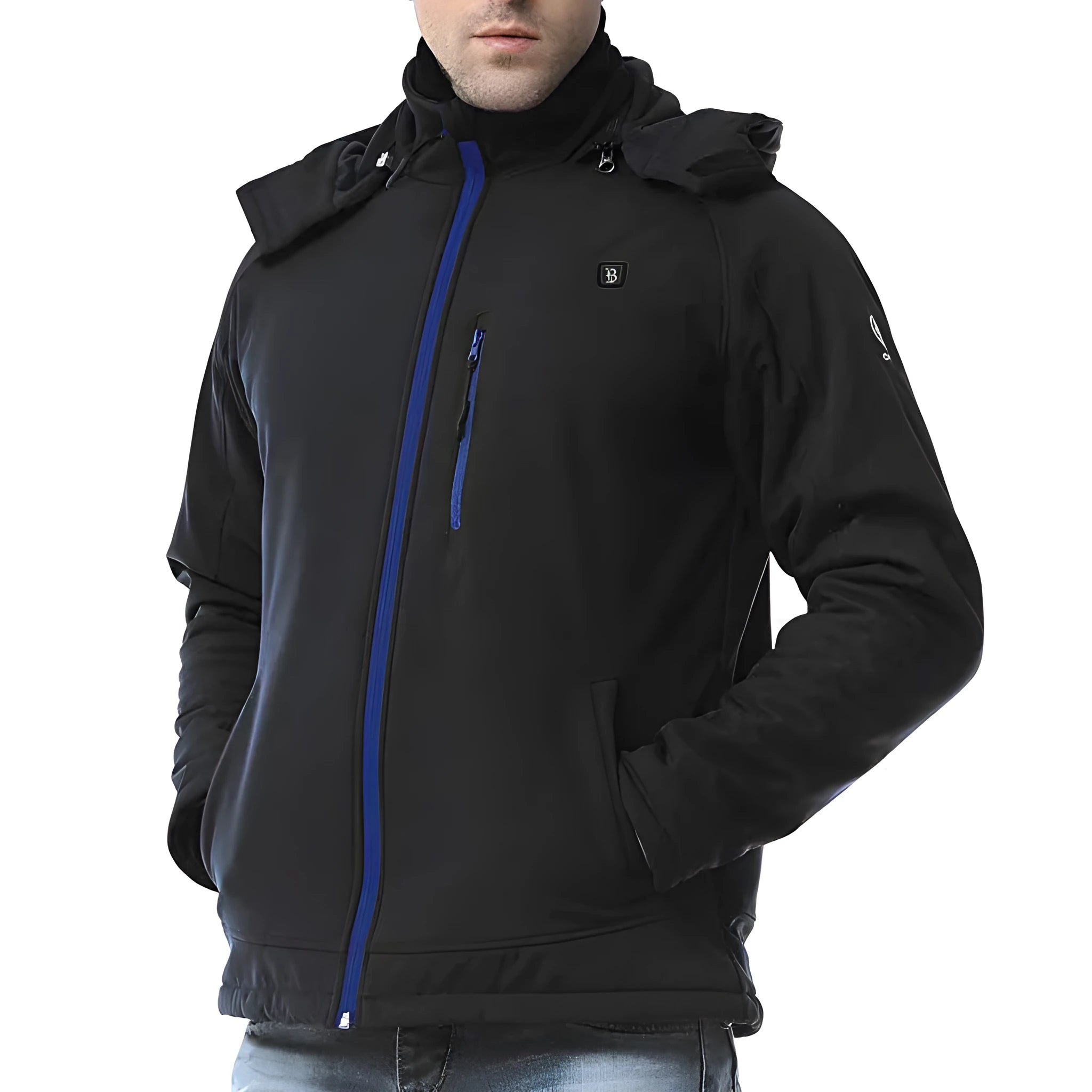 Black men's USB heated winter coat with zipper pockets, shown on a model.