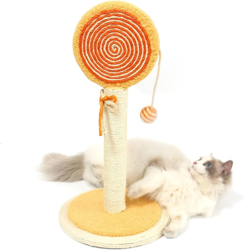 Blue cat scratching post made of natural sisal rope with a hanging ball toy on a sturdy wooden base.