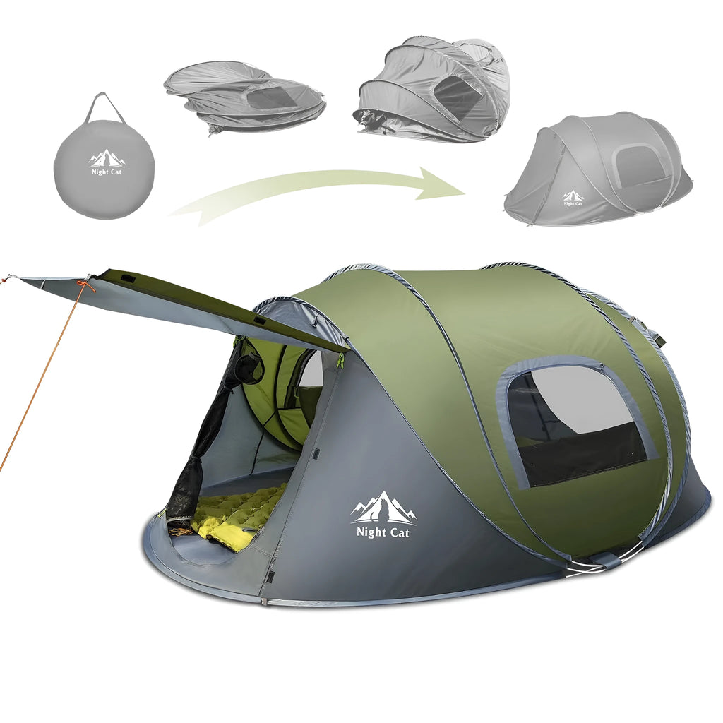 Dark green pop-up camping tent for two people showing automatic setup mechanism