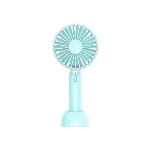 Blue handheld mini USB fan with three speed settings on a desktop