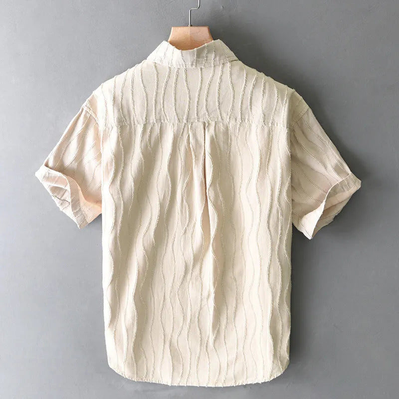Men's pure cotton casual shirt in apricot colour with Japanese fresh style and short sleeves