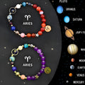 Set of twelve natural stone zodiac sign bracelets with beaded designs on adjustable cords