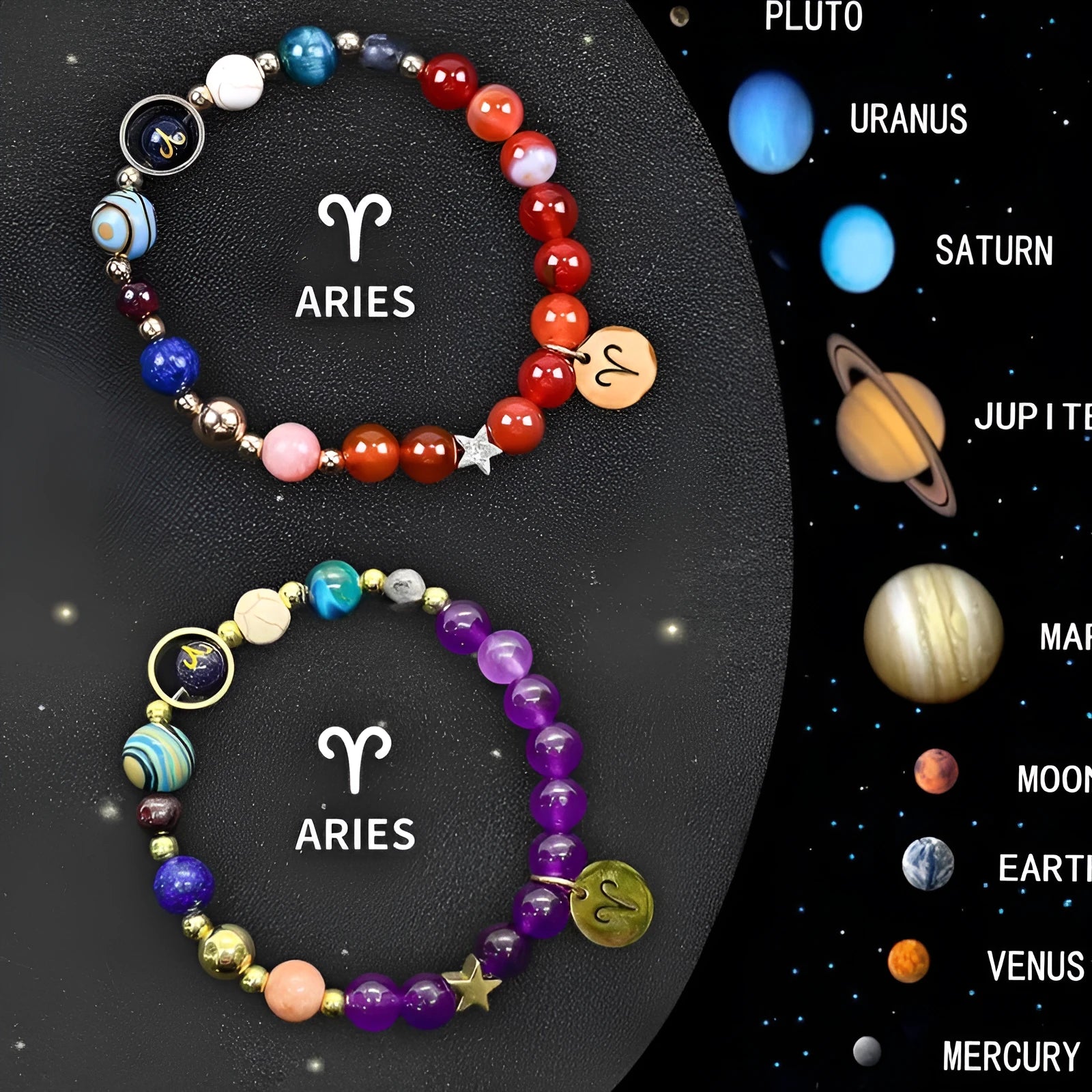 Set of twelve natural stone zodiac sign bracelets with beaded designs on adjustable cords