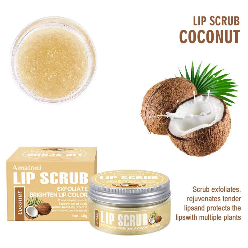 30g Amatoni lip scrub cream container in coconut, raspberry, vanilla, or watermelon flavour