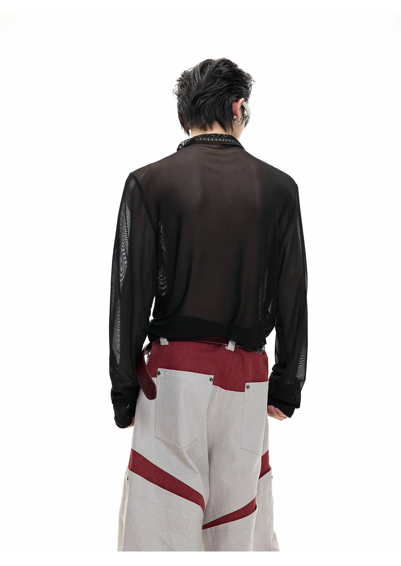 Men's black slim fit long sleeve mesh shirt with ice-feel fabric on hanger