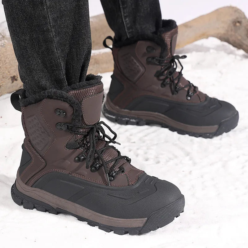 Men's black fleece-lined high-top boots with velvet lining and lace-up front