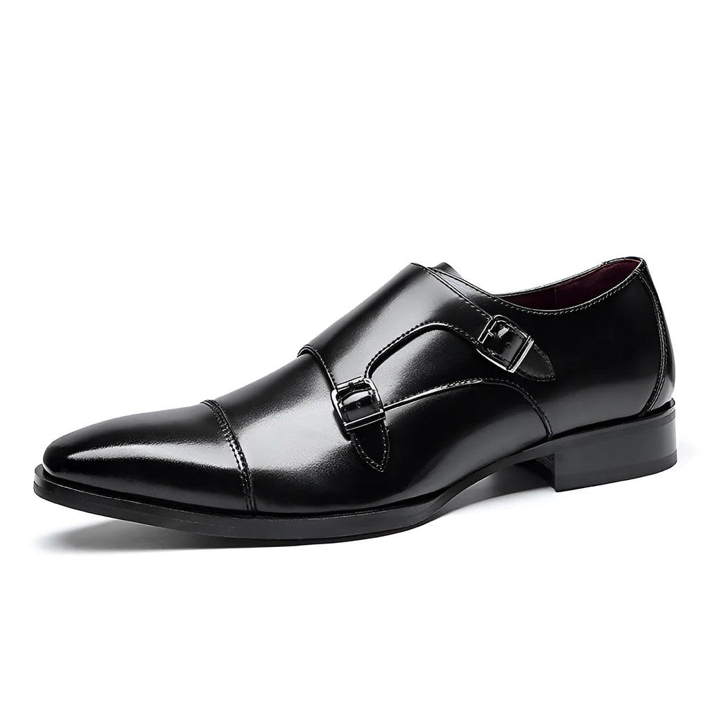 Men's black and light brown leather business shoes with square toe design and rubber soles
