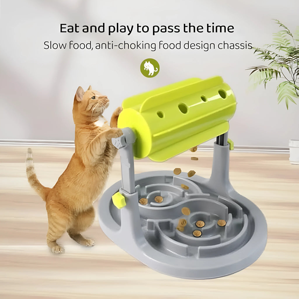 Interactive pet food puzzle bowl with raised patterns and adjustable height in blue, green, or pink colours