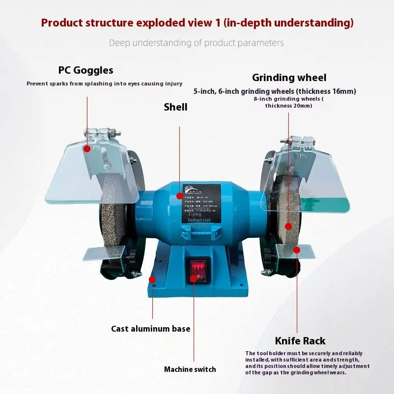 5-inch metal desktop polishing machine for sharpening knives on a workbench.