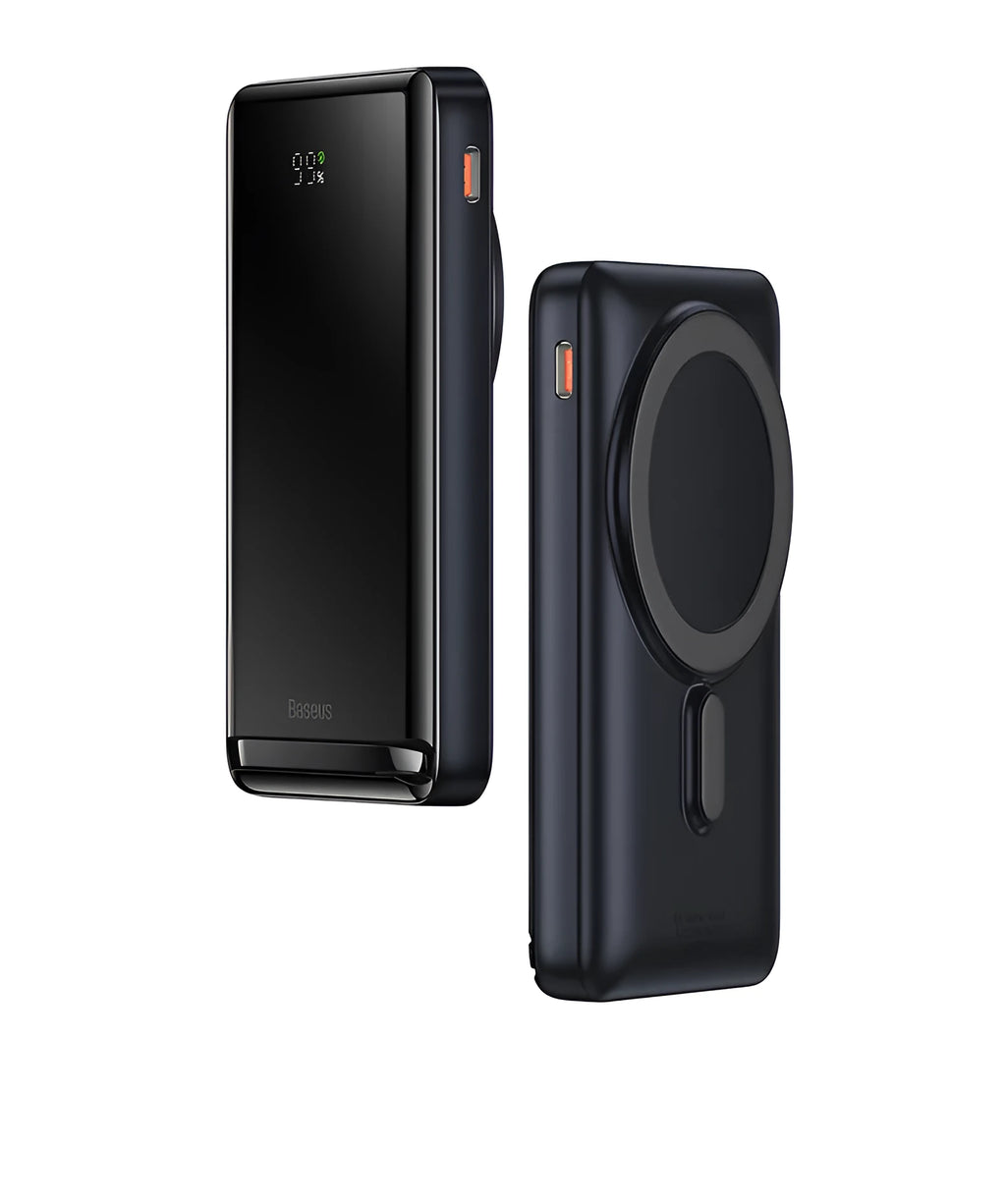 Slim magnetic 3-in-1 wireless power bank in blue, white, or pink colours