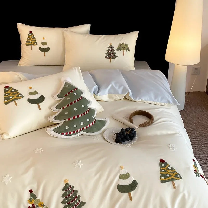 Christmas tree embroidered cotton duvet cover and pillowcases with plants and flowers pattern
