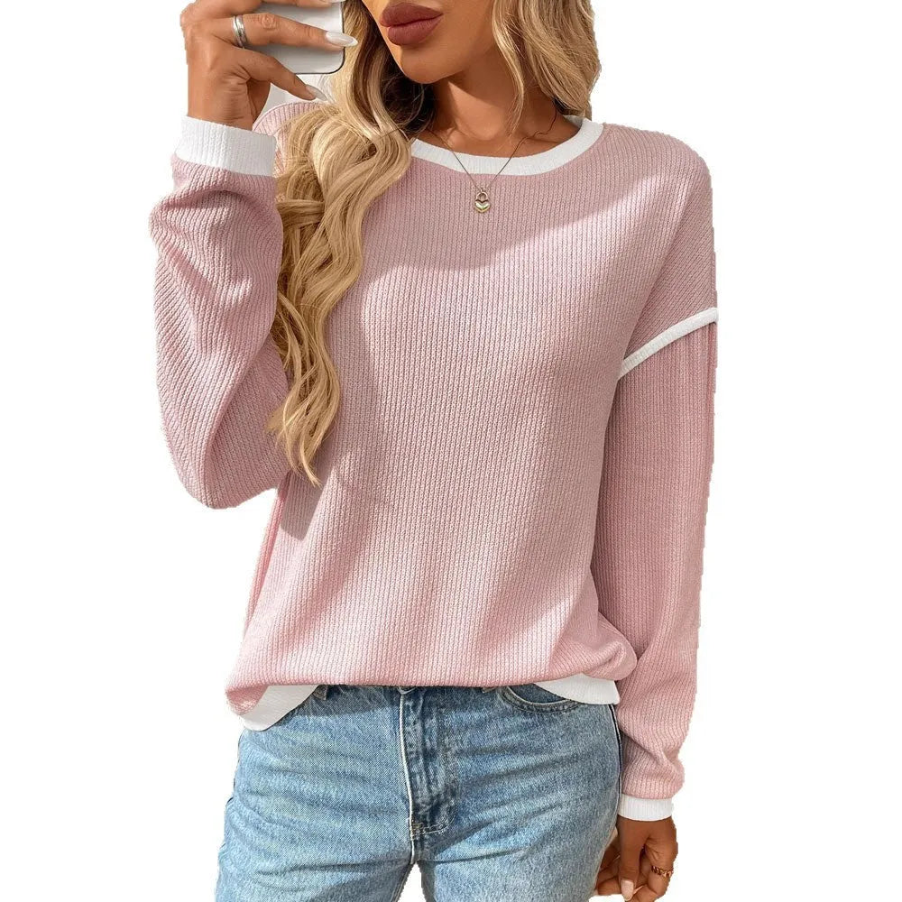 Women's loose round neck long sleeve polyester pullover top in multiple colour options
