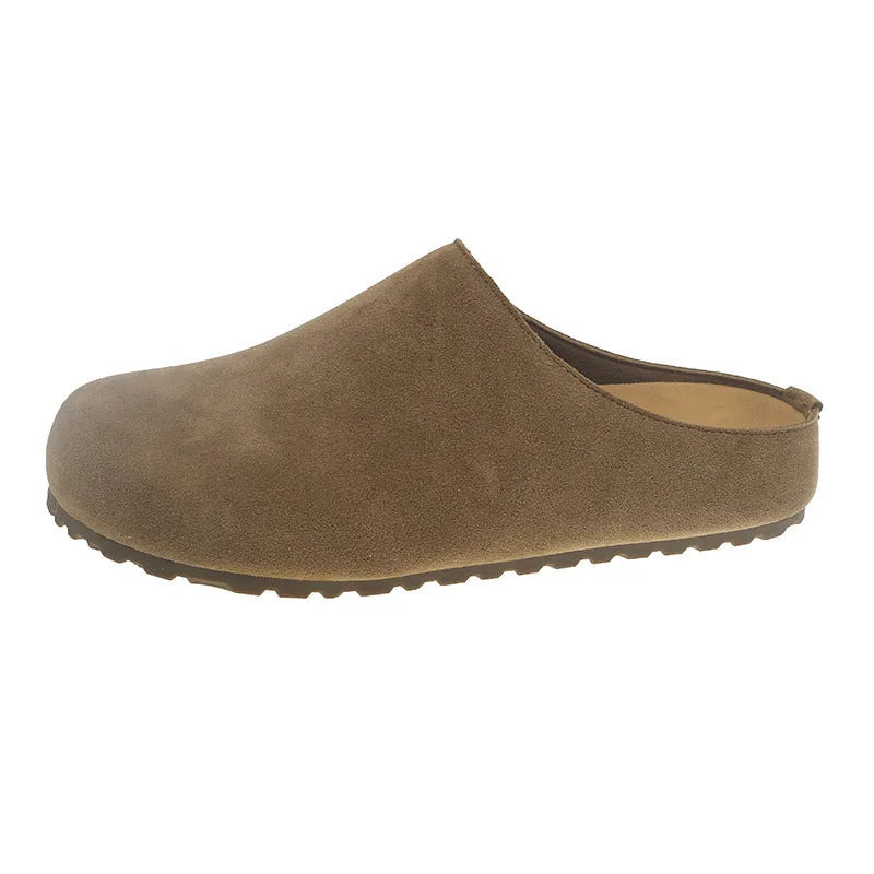 Korean-style outdoor slip-on slippers in apricot colour with square toe and microfiber construction