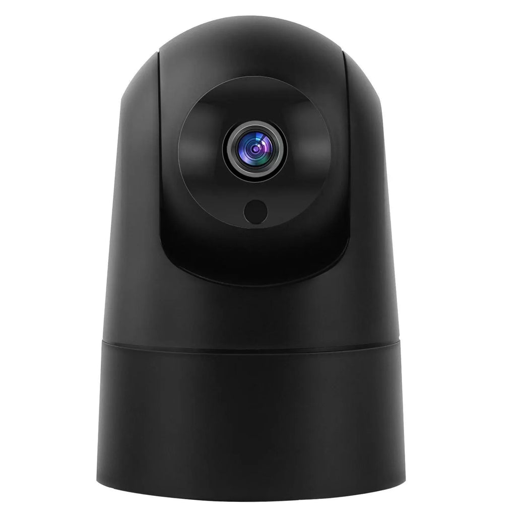 White indoor smart security camera on a table with UK power plug