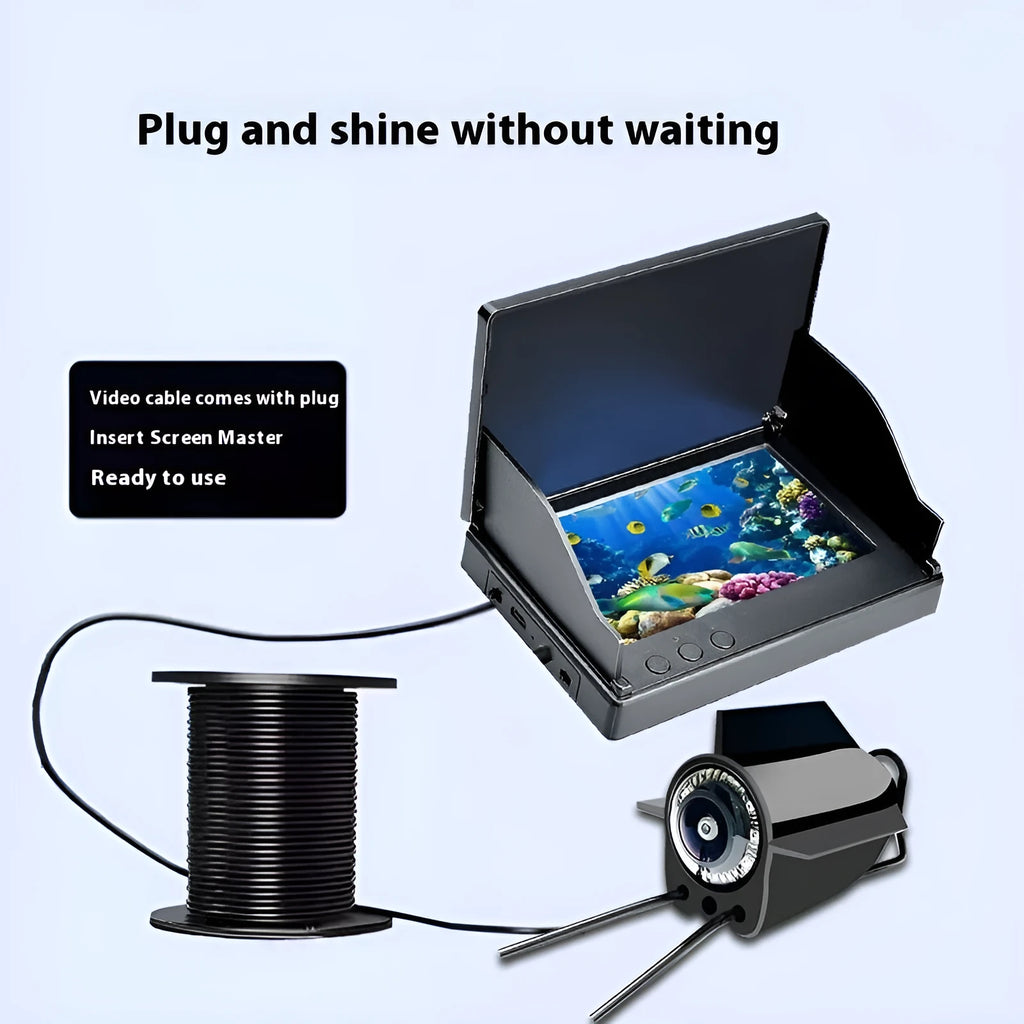 Underwater fish finder HD camera with 4.3-inch screen showing a fish on display, with 15, 20, and 30 metre cable options.