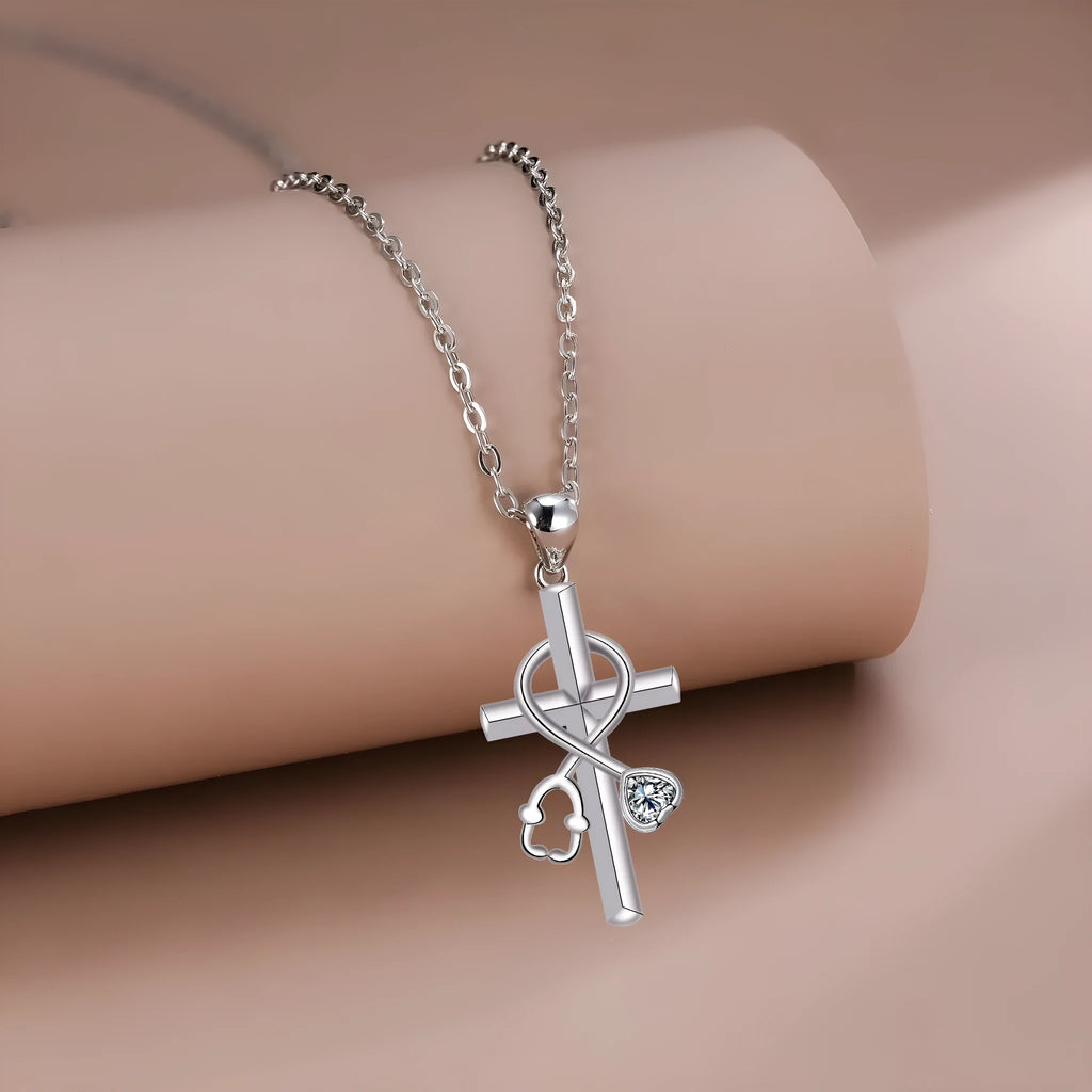 Women's cross stethoscope pendant necklace with electroplated copper construction and cross chain