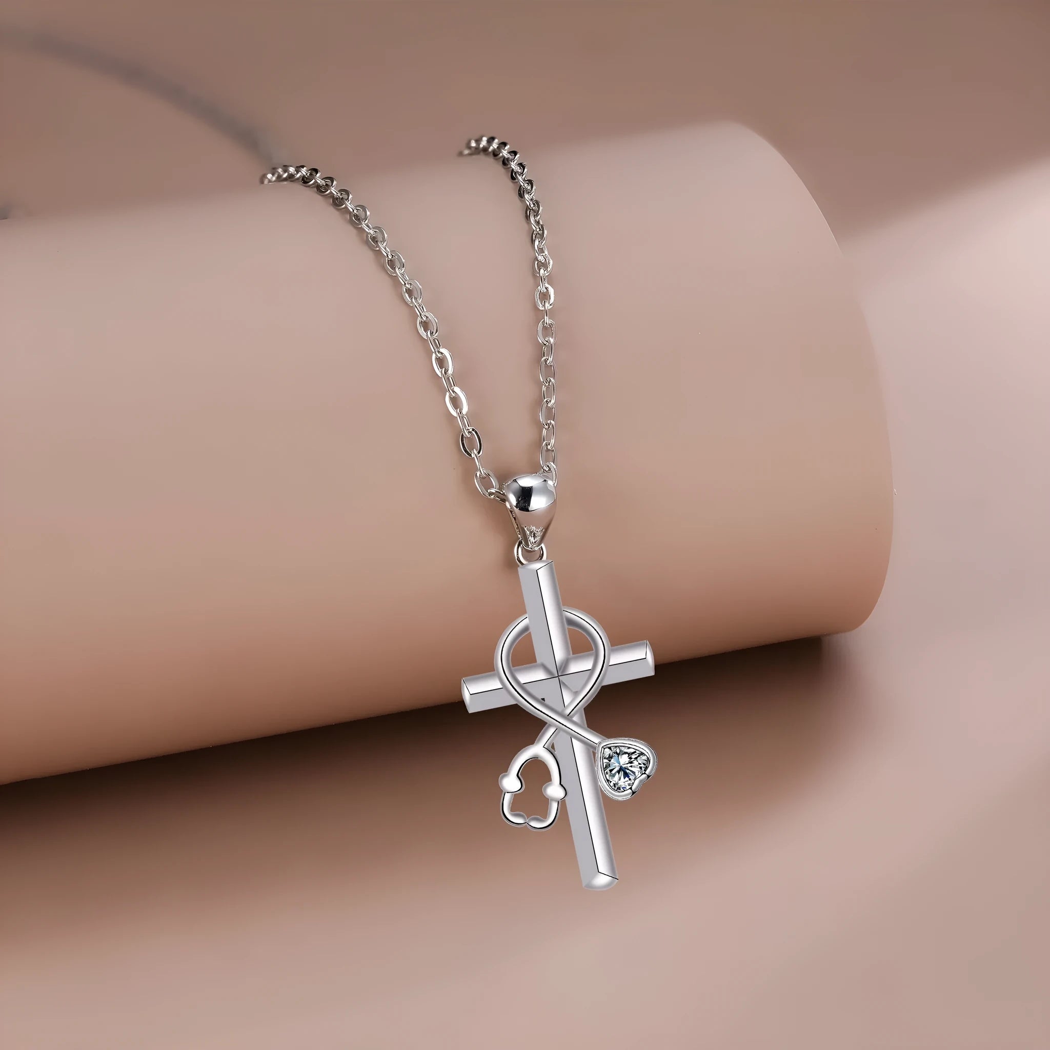 Women's cross stethoscope pendant necklace with electroplated copper construction and cross chain