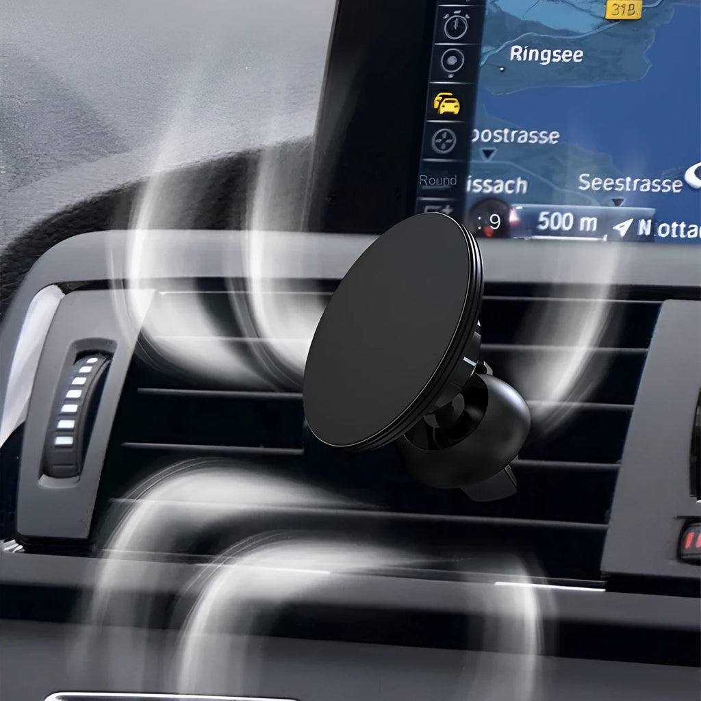 Black aluminium alloy magnetic car phone holder mounted on vehicle air vent